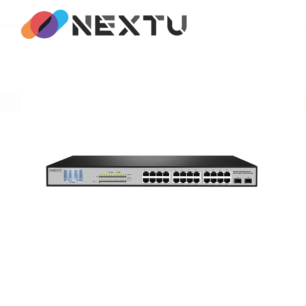 NEXT-POE4026LED-380 24포트 10/100/1000M LCD POE+스위치 ,기가비트 업링크 포트 2SFP지원, 802.3af/at, 380W POE용량지원, POE사용량 모니터링
