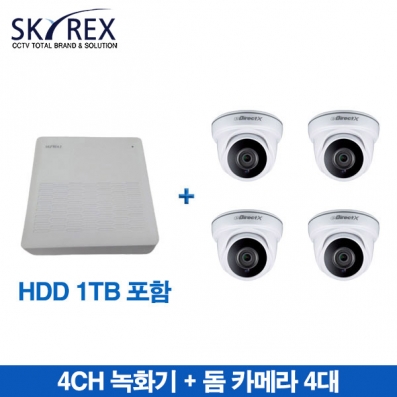 4채널 녹화기(SKYI-H1104K) 1대 + 아이디스 2M 해상도 돔카메라(DX-D1101RX) 4대 세트